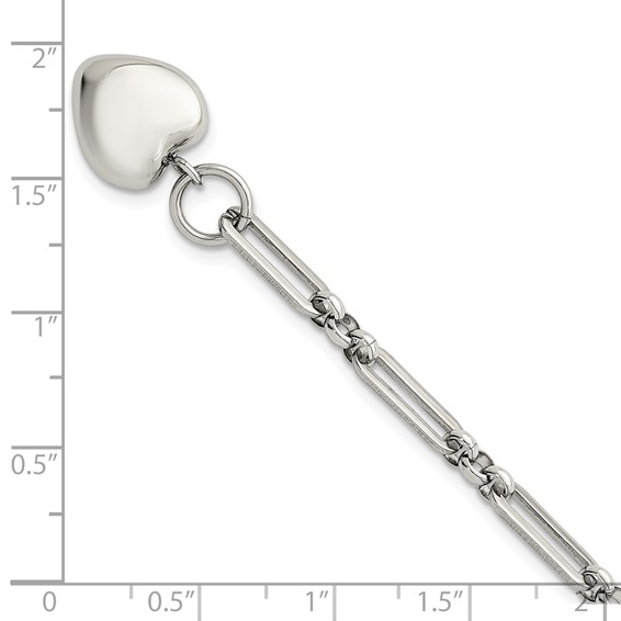 Stainless Steel Polished 3-D  Dangle Heart 4.5mm Link 7.5in Bracelet