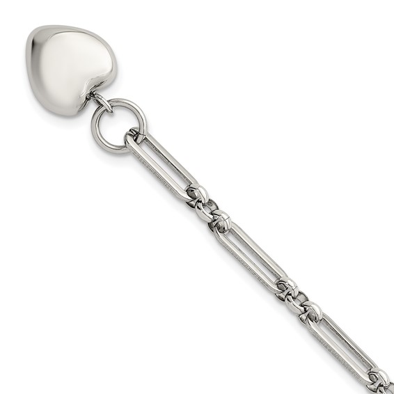 Stainless Steel Polished 3-D  Dangle Heart 4.5mm Link 7.5in Bracelet