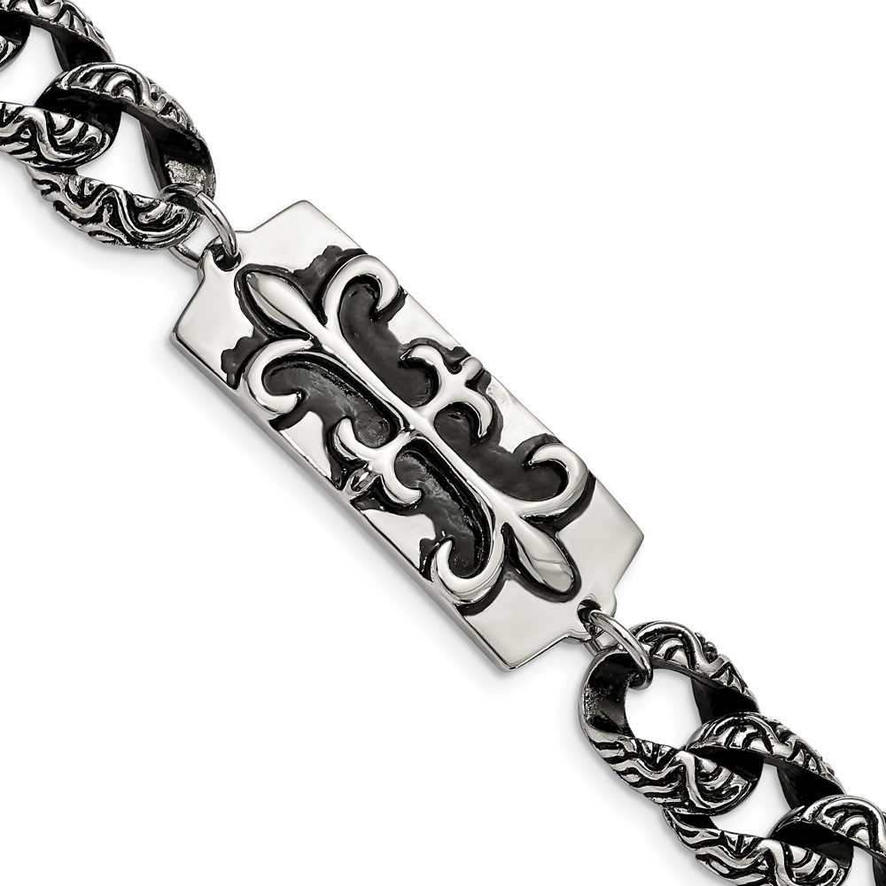 Stainless Steel Antiqued and Polished Fleur de Lis 9in Bracelet