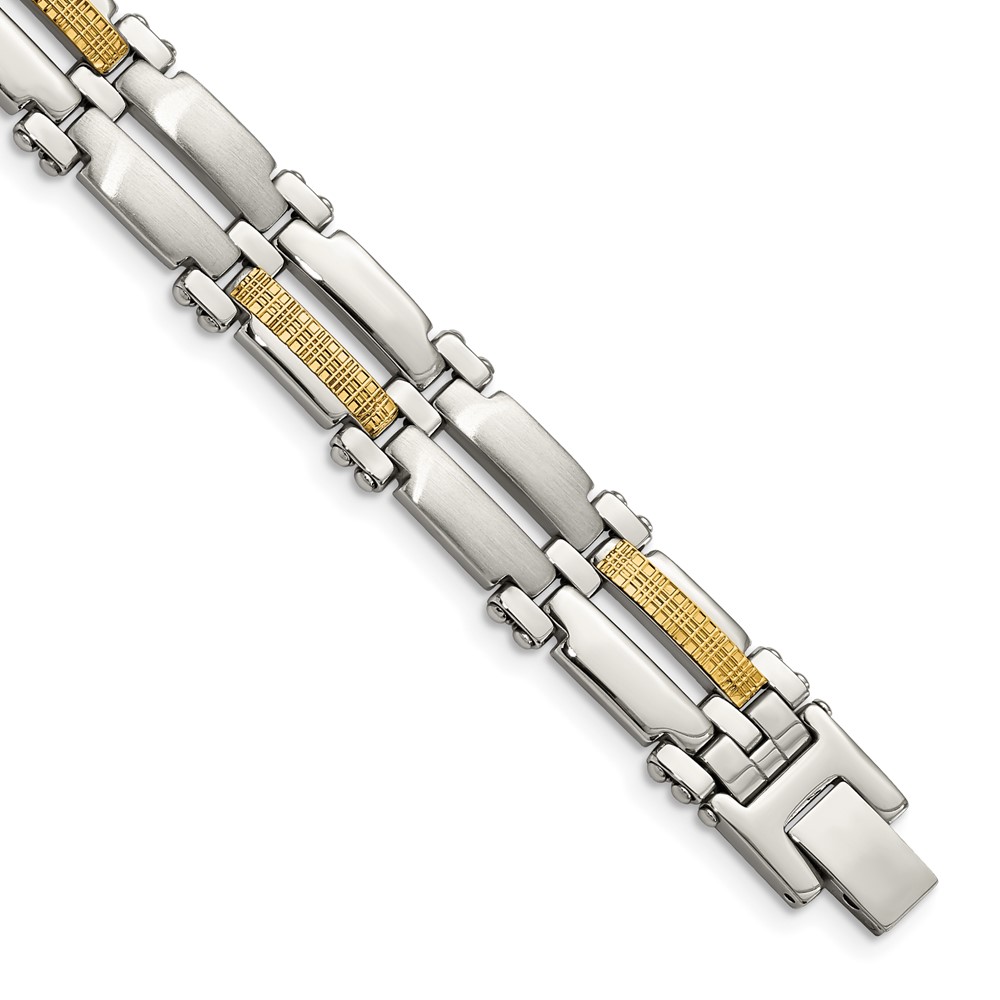 Stainless Steel  with 14k Accent 8.5in Brushed and Polished Link Bracelet