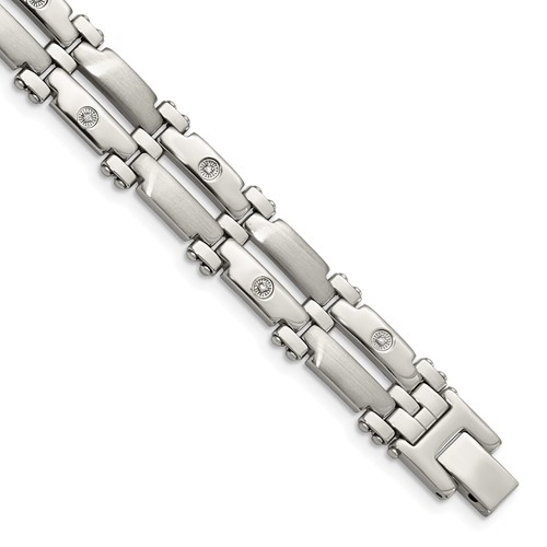 Chisel Stainless Steel Brushed and Polished Bracelet with Rhodium-plated 14K White Gold and 0.05 Carat Diamond, 8.5"