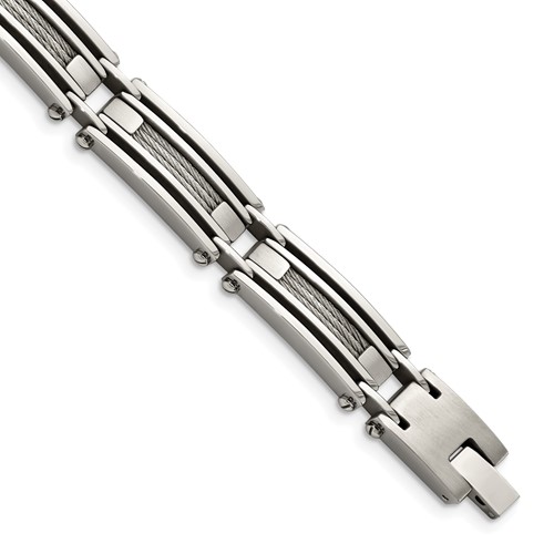 Chisel Stainless Steel Brushed and Polished Bracelet with Cable Inlay Link, 9"