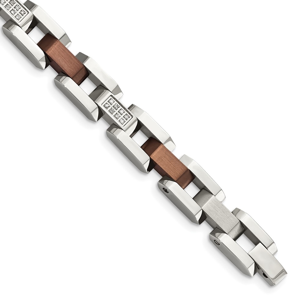 Stainless Steel Brushed & Polished Brown IP 1/4ct. Diamond 8.5in Bracelet