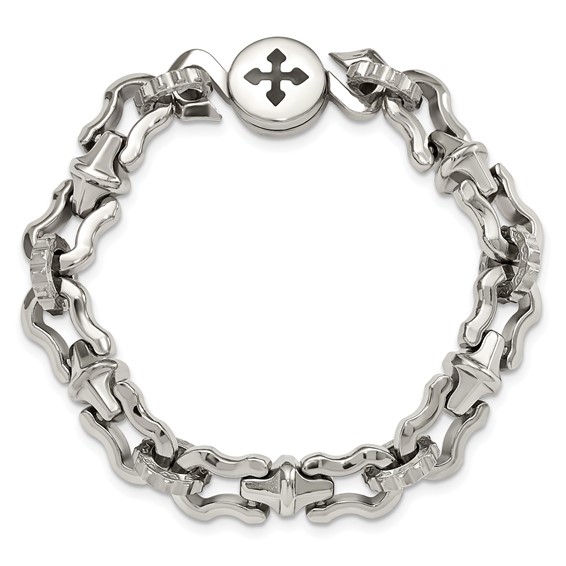 Stainless Steel Polished with Black Rubber Cross 8.5in Bracelet