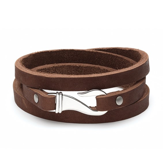 Chisel Stainless Steel Polished Brown Leather 24 inch Wrap Bracelet