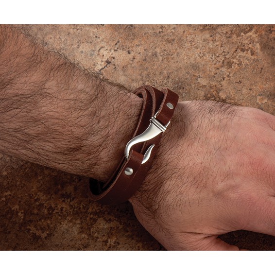 Chisel Stainless Steel Polished Brown Leather 24 inch Wrap Bracelet