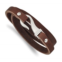 Chisel Stainless Steel Polished Brown Leather Wrap Bracelet - 24in view 1