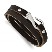 Chisel Stainless Steel Polished Black and Brown Leather Wrap Bracelet, 24" view 1