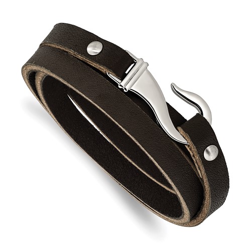 Chisel Stainless Steel Polished Black and Brown Leather Wrap Bracelet, 24"