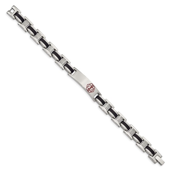 Chisel Stainless Steel Polished with Red Enamel and Black Rubber Medical ID 8 inch Link Bracelet