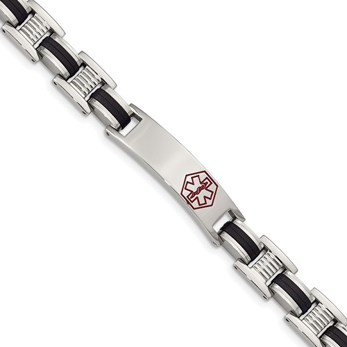 Chisel Stainless Steel Polished Bracelet with Red Enamel and Black Rubber Medical ID Link, 8"