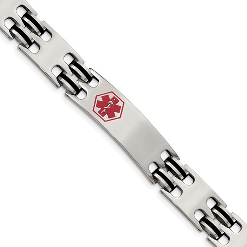 Chisel Stainless Steel Polished Bracelet with Red Enamel and Black Rubber Medical ID, 8.25"