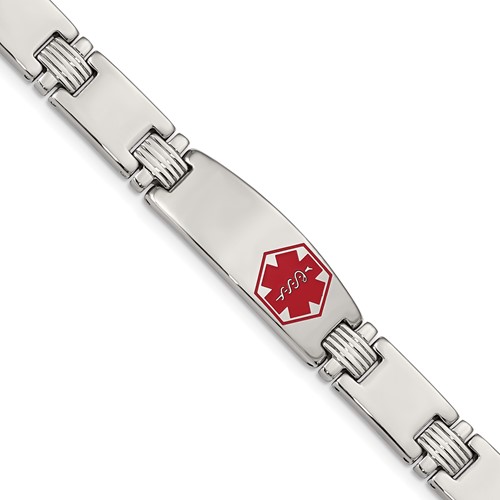 Chisel Stainless Steel Brushed and Polished Bracelet with Red Enamel Medical ID Link, 8.25"