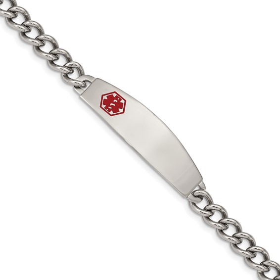 Chisel Stainless Steel Polished with Red Enamel Medical ID 8.5 inch Curb Chain Bracelet