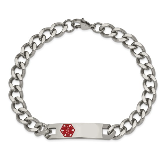 Chisel Stainless Steel Polished with Red Enamel Medical ID 9.5 inch Curb Chain Bracelet
