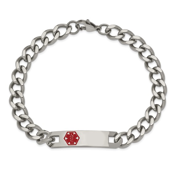 Chisel Stainless Steel Polished with Red Enamel Medical ID 9.5 inch Curb Chain Bracelet