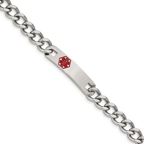 Chisel Stainless Steel Polished Bracelet with Red Enamel Medical ID Curb Chain, 9.5"