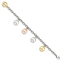 Chisel Stainless Steel Polished Rose and Yellow IP-plated Peace Sign Charms Bracelet, 8.5" view 3
