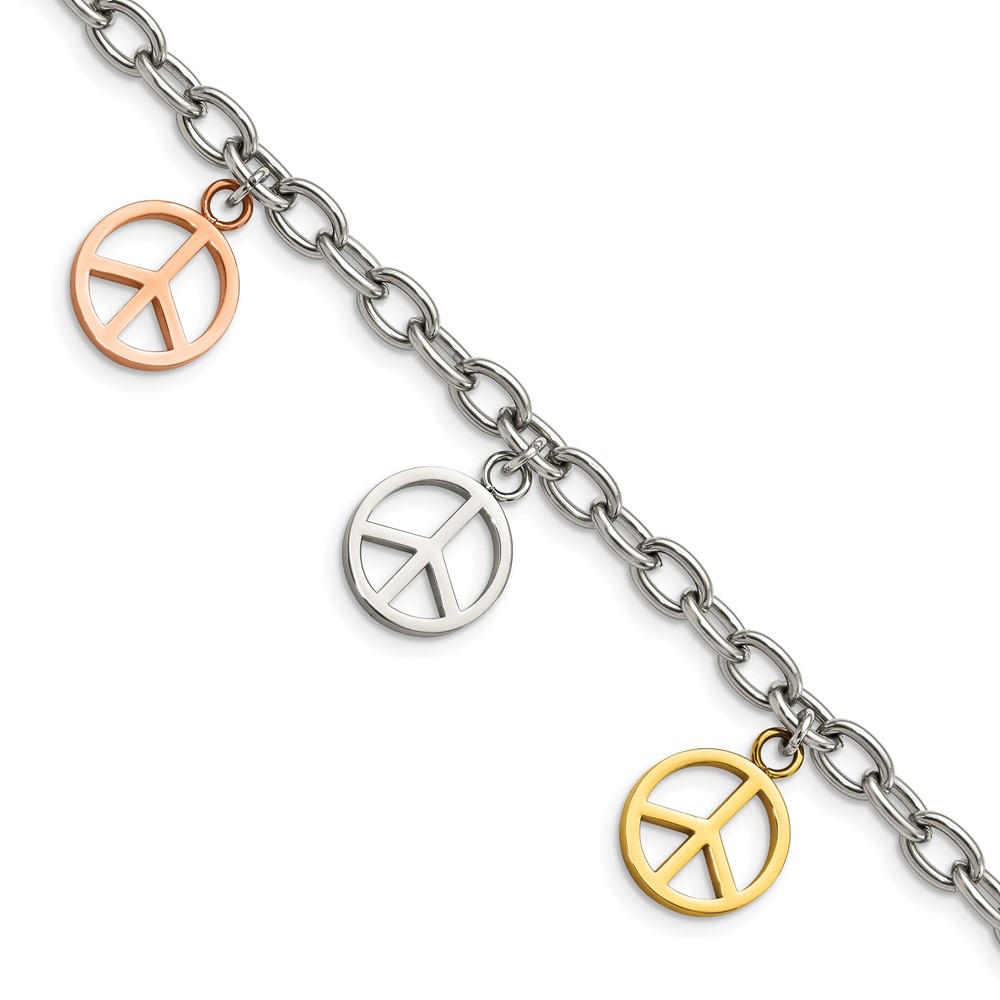 Stainless Steel Polished Rose & Yellow IP Peace Sign Charms 8.5in Bracelet