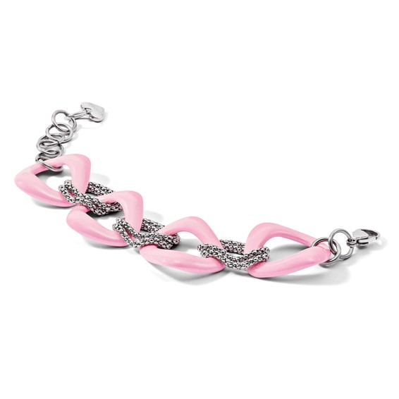 Chisel Stainless Steel Polished with Pink Ceramic 8 inch Open Link Bracelet