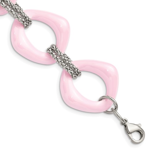 Chisel Stainless Steel Polished Bracelet with Pink Ceramic Open Link, 8"