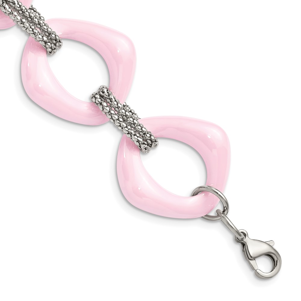 Stainless Steel Polished w/Pink Ceramic 8in Bracelet