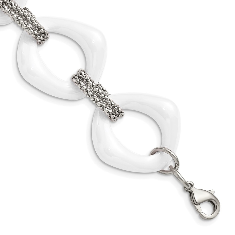Stainless Steel Polished w/White Ceramic 8in Bracelet