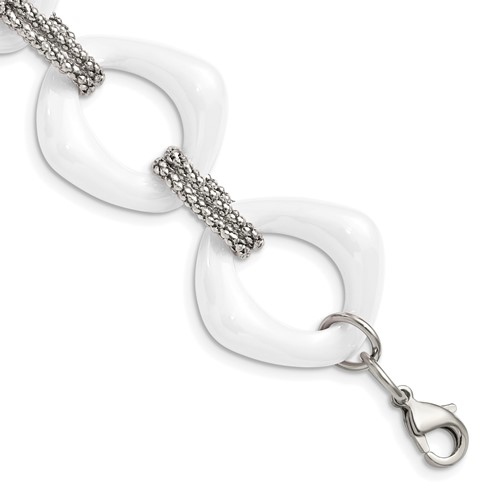 Chisel Stainless Steel Polished Bracelet with White Ceramic Open Link, 8"