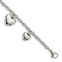 Chisel Stainless Steel Polished Hearts Bracelet, 8" view 1