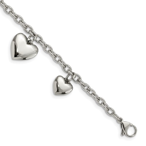 Chisel Stainless Steel Polished Hearts Bracelet, 8"
