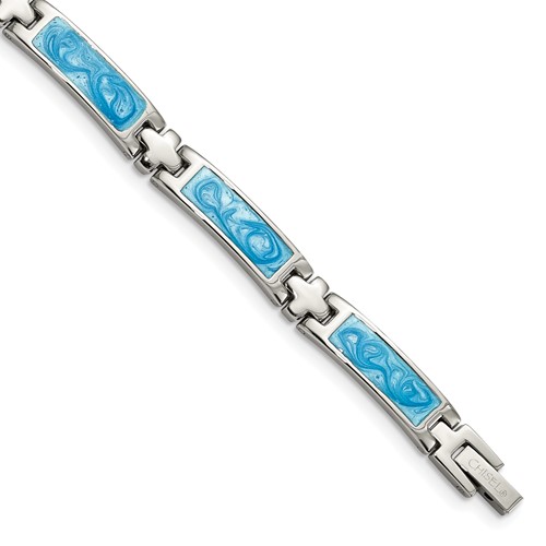 Chisel Stainless Steel Polished Bracelet with Blue Swirl Enamel Link, 7.25"