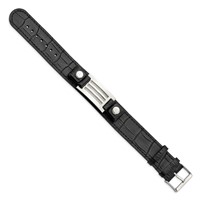 Stainless Steel Polished Black Leather Bracelet with Stone Finish, 9.5" view 3