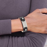 Stainless Steel Polished Black Leather Bracelet with Stone Finish, 9.5" view 5