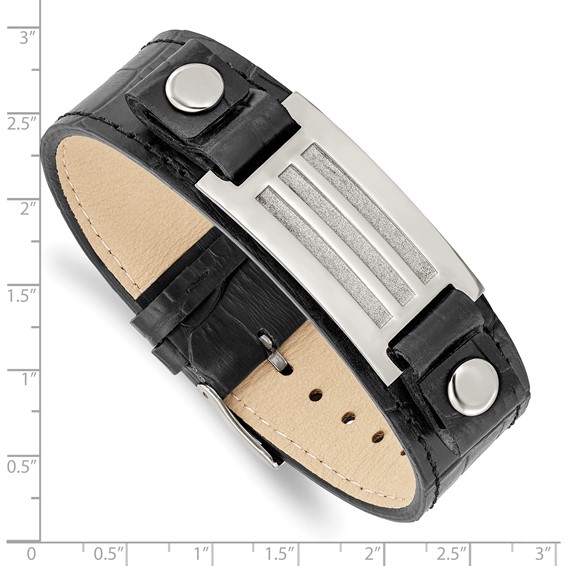 Stainless Steel Polished Black Leather w/Stone Finish 9.5in Bracelet