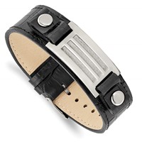 Stainless Steel Polished Black Leather Bracelet with Stone Finish, 9.5" view 1