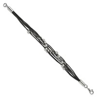 Chisel Stainless Steel Polished Beaded Multi-Strand Black Leather Bracelet, 8" view 3