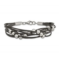 Chisel Stainless Steel Polished Beaded Multi-Strand Black Leather Bracelet, 8" view 4