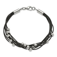 Chisel Stainless Steel Polished Beaded Multi-Strand Black Leather Bracelet, 8" view 5