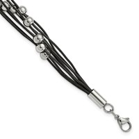 Chisel Stainless Steel Polished Beaded Multi-Strand Black Leather Bracelet, 8" view 1