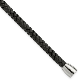 Chisel Stainless Steel Polished Black Braided Leather 8.5 inch Bracelet