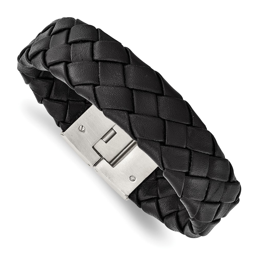 Stainless Steel Brushed Black Leather 8.5 in Bracelet