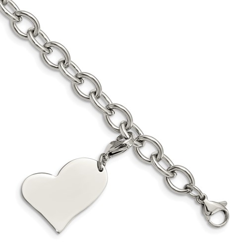 Chisel Stainless Steel Polished Link Bracelet with Heart Lobster Clasp Charm, 8"