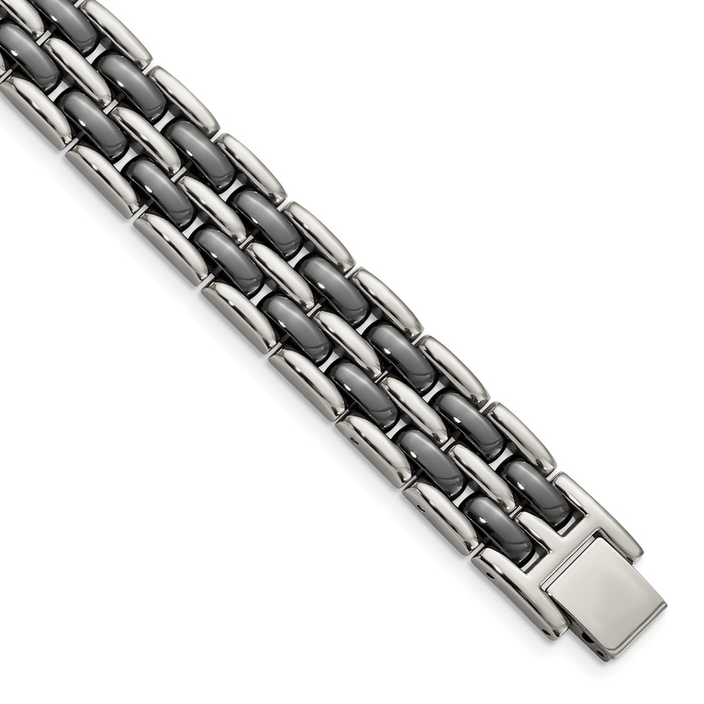 Stainless Steel Polished w/Double Row Black Ceramic 8.25in Bracelet