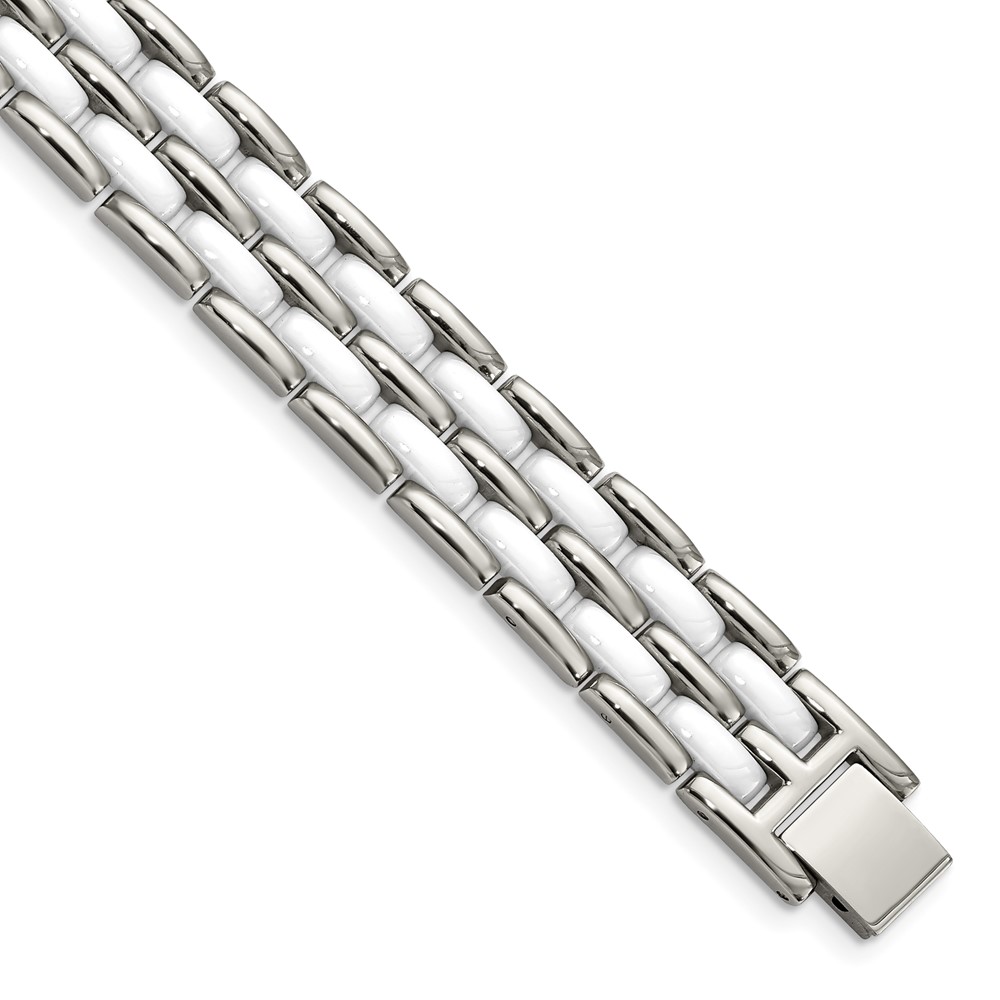 Stainless Steel Polished w/Double Row White Ceramic 8.25in Bracelet