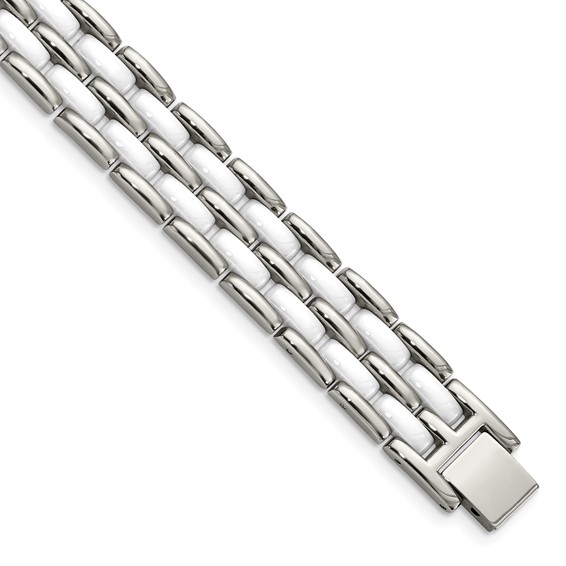 Chisel Stainless Steel Polished with Double Row White Ceramic 8.25 inch Link Bracelet