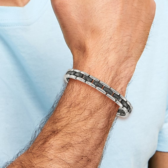 Chisel Stainless Steel Polished with Black Ceramic 8 inch Link Bracelet