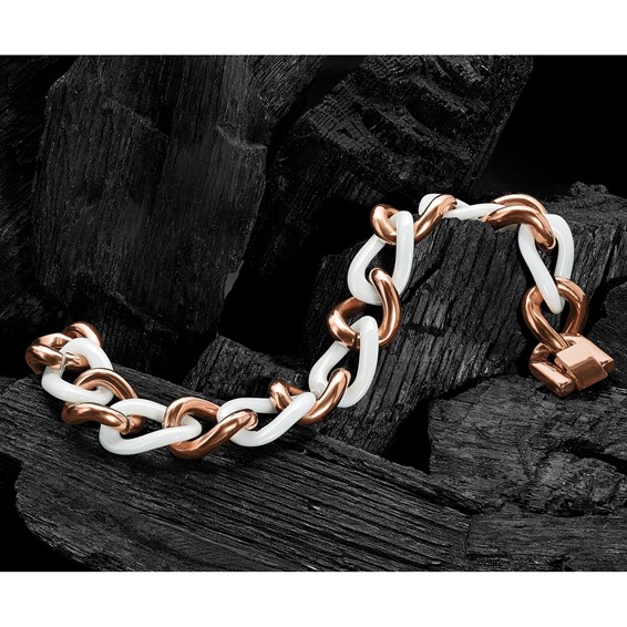 Chisel Stainless Steel Polished Rose IP-plated with White Ceramic 8.25 inch Open Link Bracelet