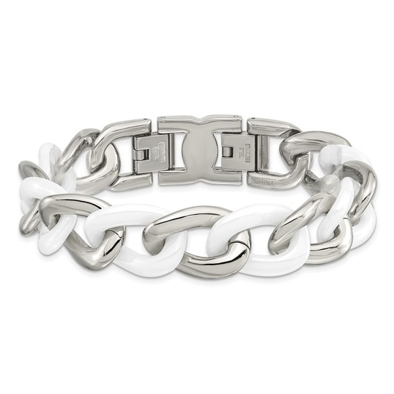 Chisel Stainless Steel Polished with White Ceramic 7.5 inch Curb Link Bracelet with 1 inch Extension