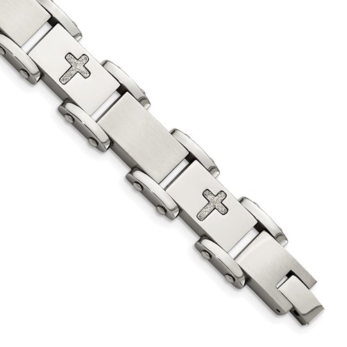 Chisel Stainless Steel Brushed Polished and Laser Cut Crosses Link Bracelet, 8.75"