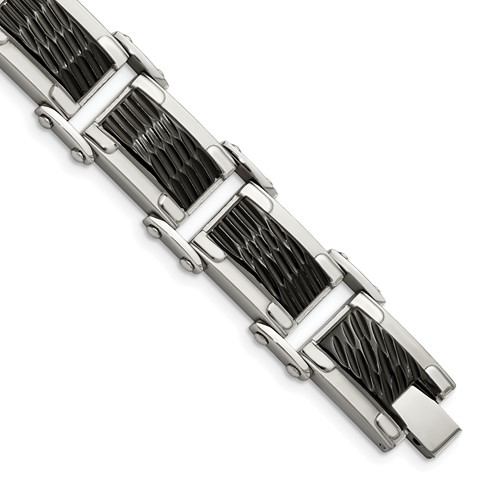 Chisel Stainless Steel Polished and Textured Black-plated Link Bracelet, 9"